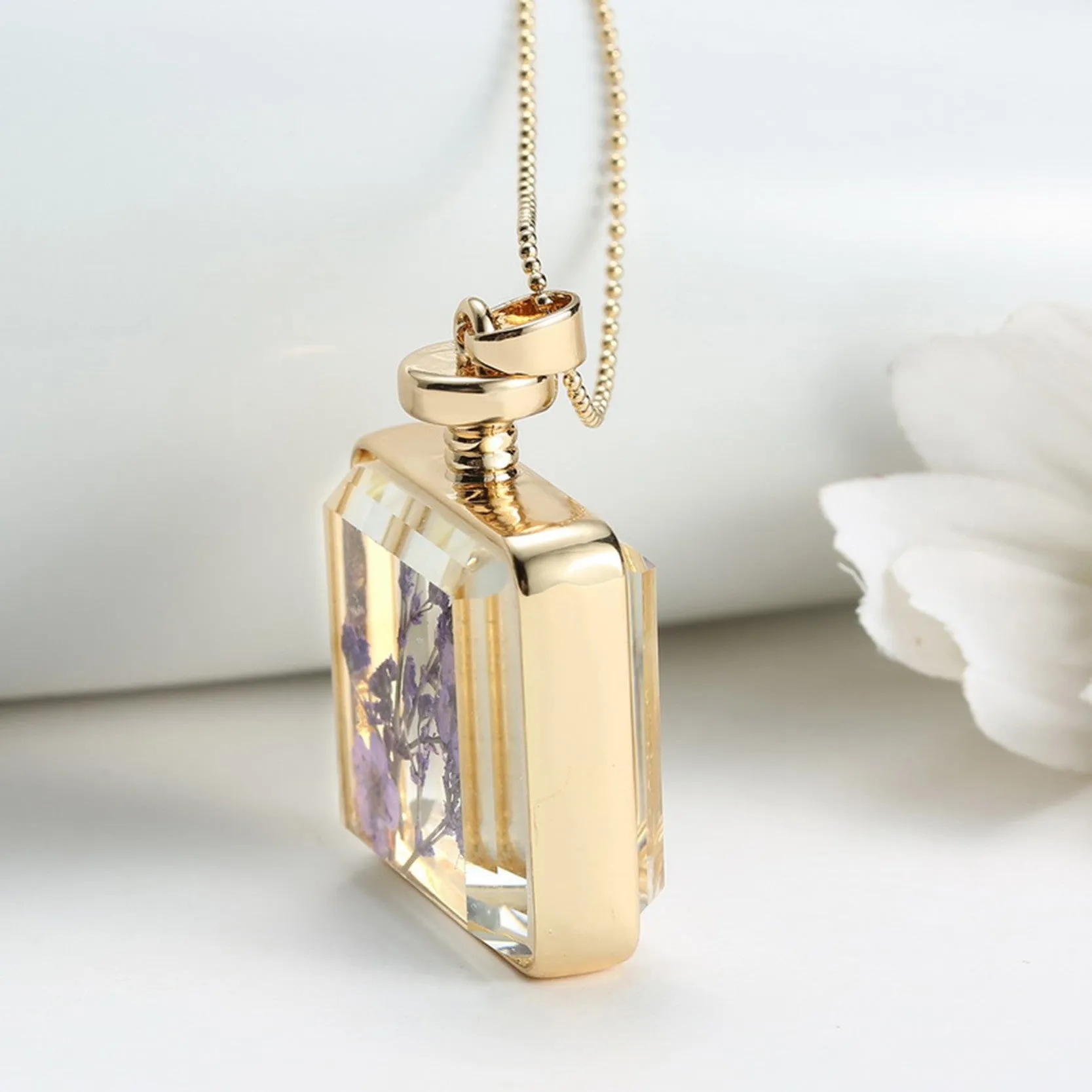 Purple Dried Flower Collares Glass Square Pendant Necklace Gold Color Long Chain Statement Necklace Women Fine Jewelry