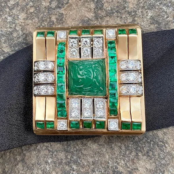 Retro Carved Emerald & Diamond Pin