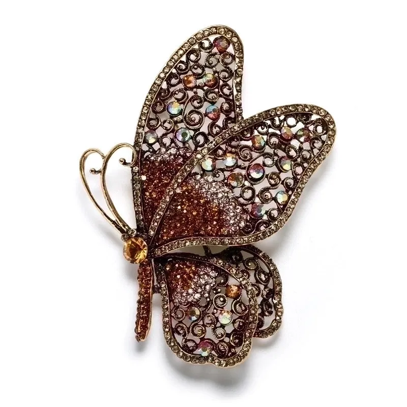 Retro Exaggerated Pin Butterfly Alloy Plating Hollow Out Inlay Rhinestones Women'S Brooches