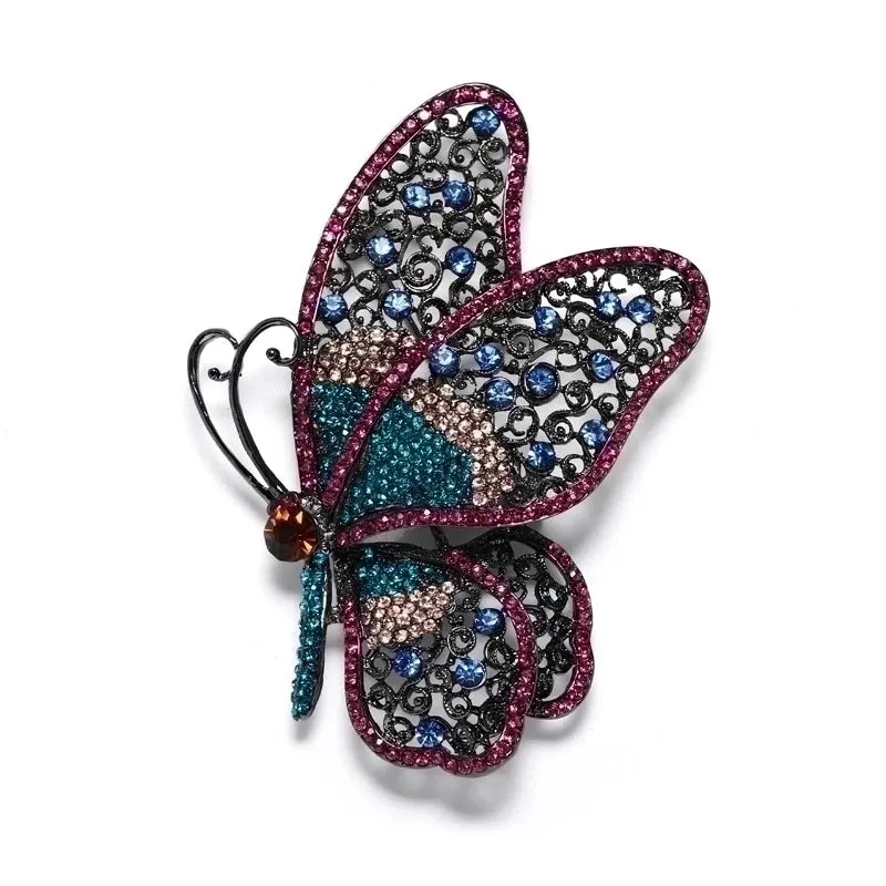 Retro Exaggerated Pin Butterfly Alloy Plating Hollow Out Inlay Rhinestones Women'S Brooches