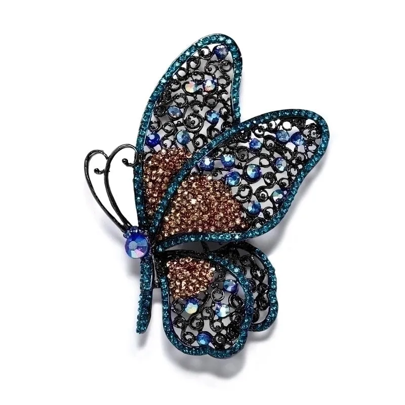 Retro Exaggerated Pin Butterfly Alloy Plating Hollow Out Inlay Rhinestones Women'S Brooches