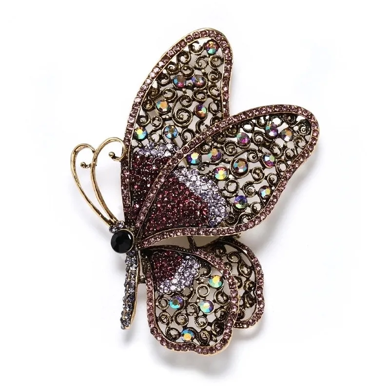 Retro Exaggerated Pin Butterfly Alloy Plating Hollow Out Inlay Rhinestones Women'S Brooches