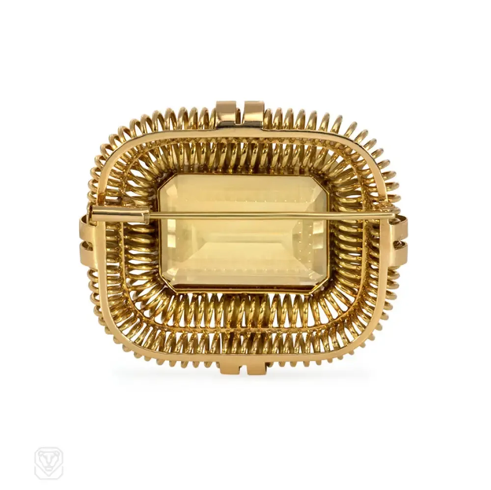 Retro gold and citrine rectangular wirework brooch