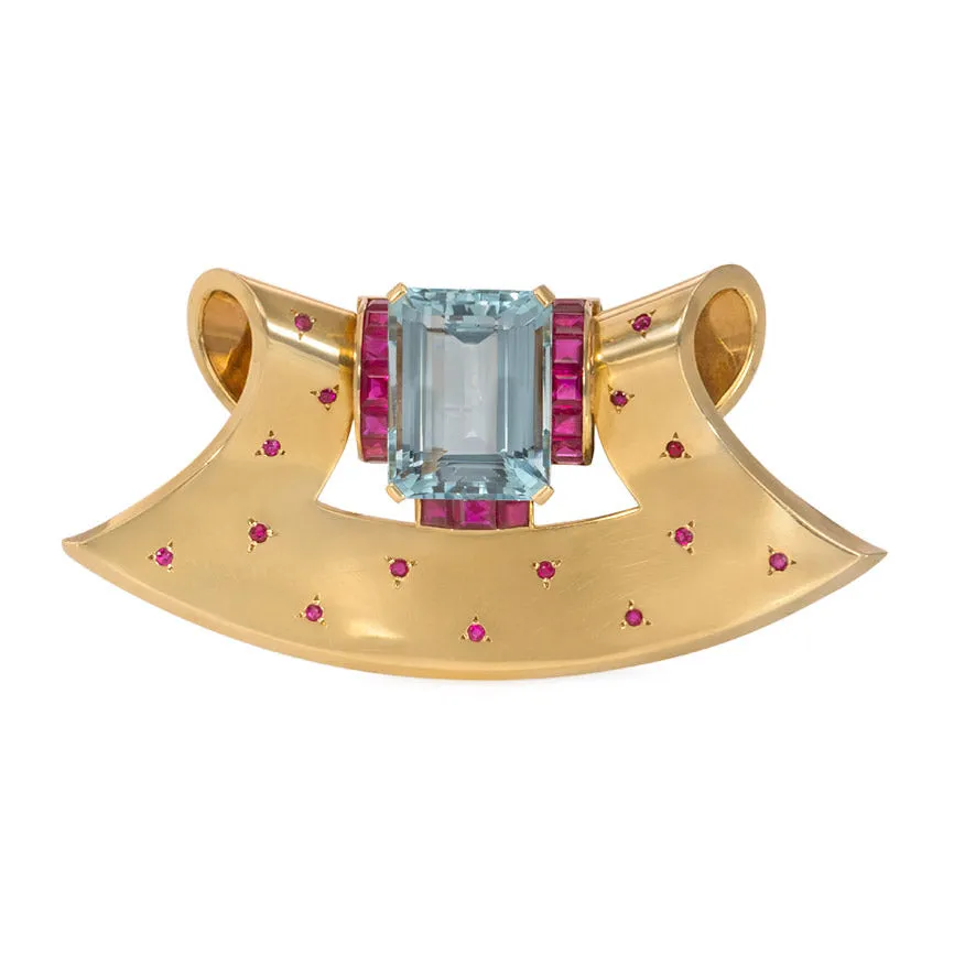 Retro gold, aquamarine, and ruby fan-shaped brooch