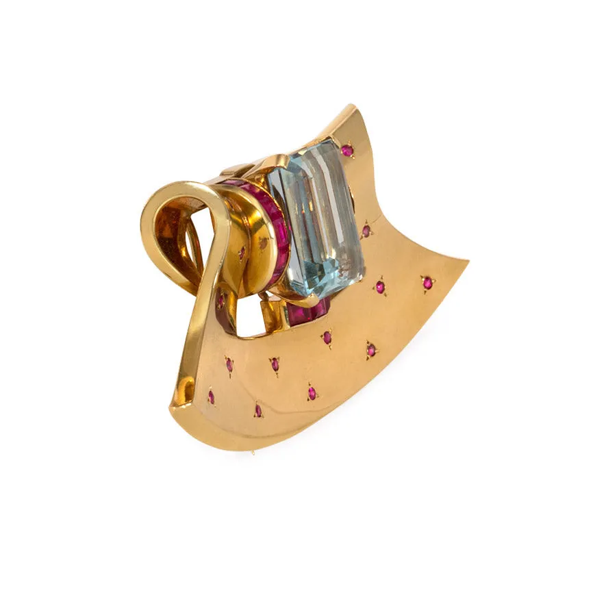 Retro gold, aquamarine, and ruby fan-shaped brooch