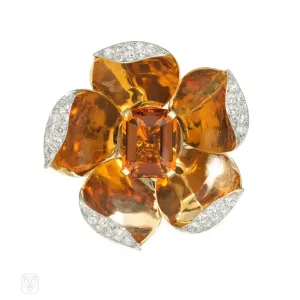 Retro gold, citrine, and diamond mechanical flower brooch