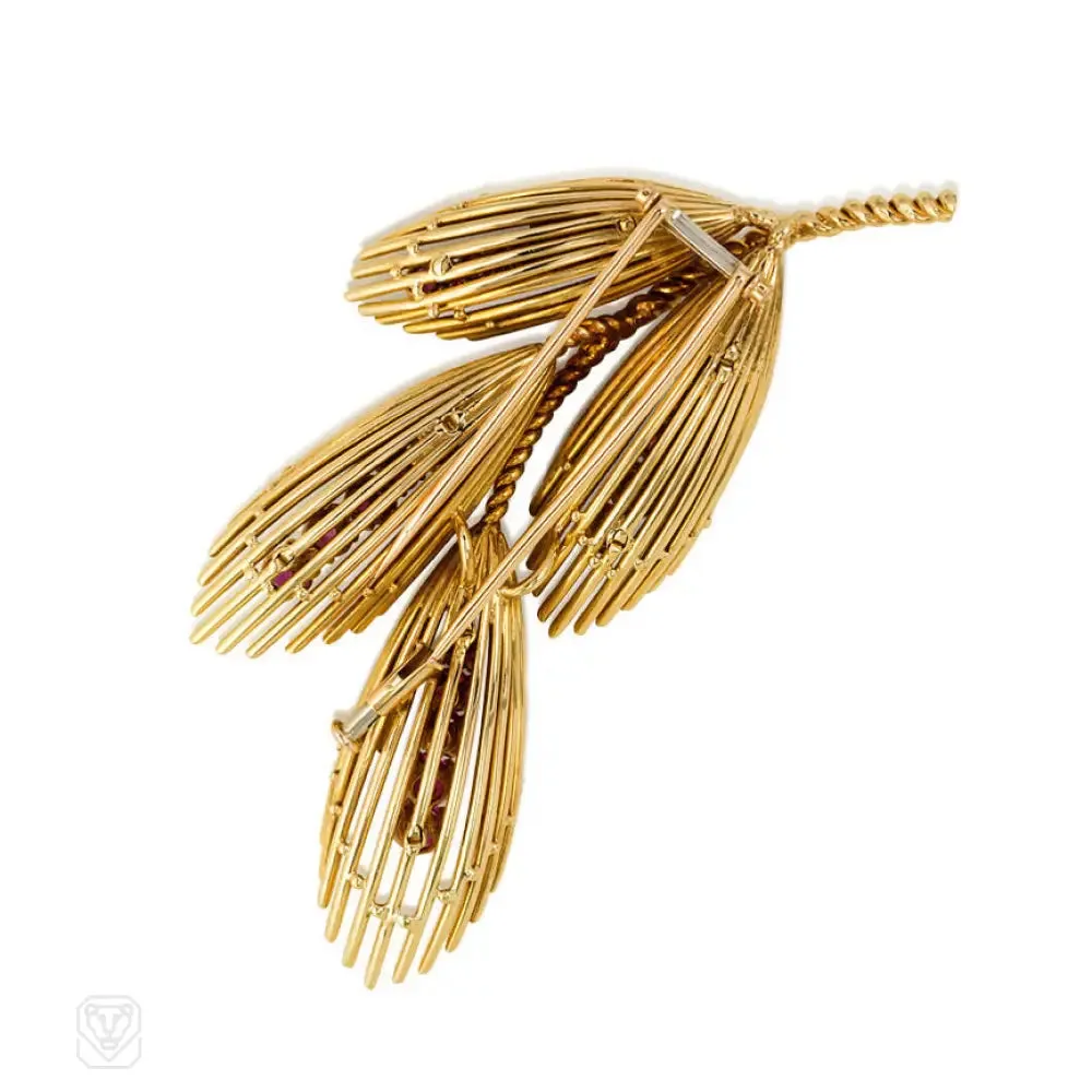 Retro gold, ruby, and diamond foliate motif brooch