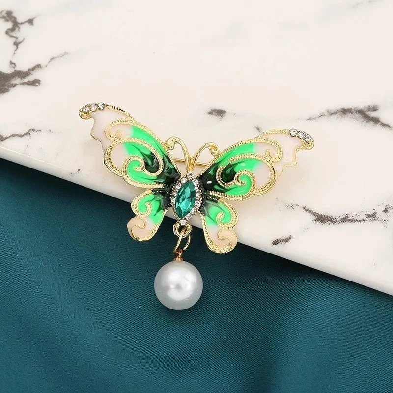 Retro Pin Butterfly Imitation Pearl Alloy Rhinestone Women'S Brooches