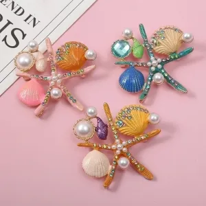 Retro Pin Starfish Ocean Shell Imitation Pearl Rhinestone Metal Enamel Unisex Brooches