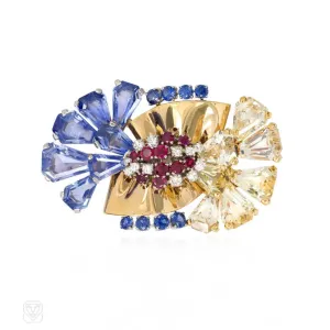 Retro sapphire, ruby and diamond stylized bowknot brooch, Cartier