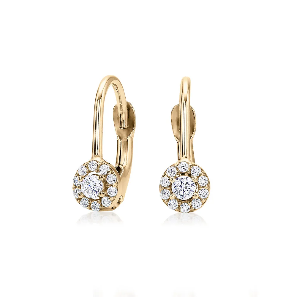 Round Brilliant drop earrings with diamond simulants in 10 carat yellow gold