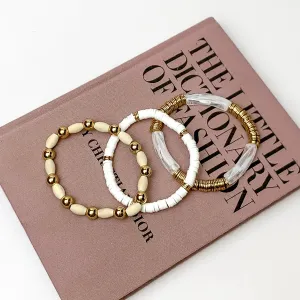 Set of Three | Goldie Goddess Tube and Beads Bracelet Set in White