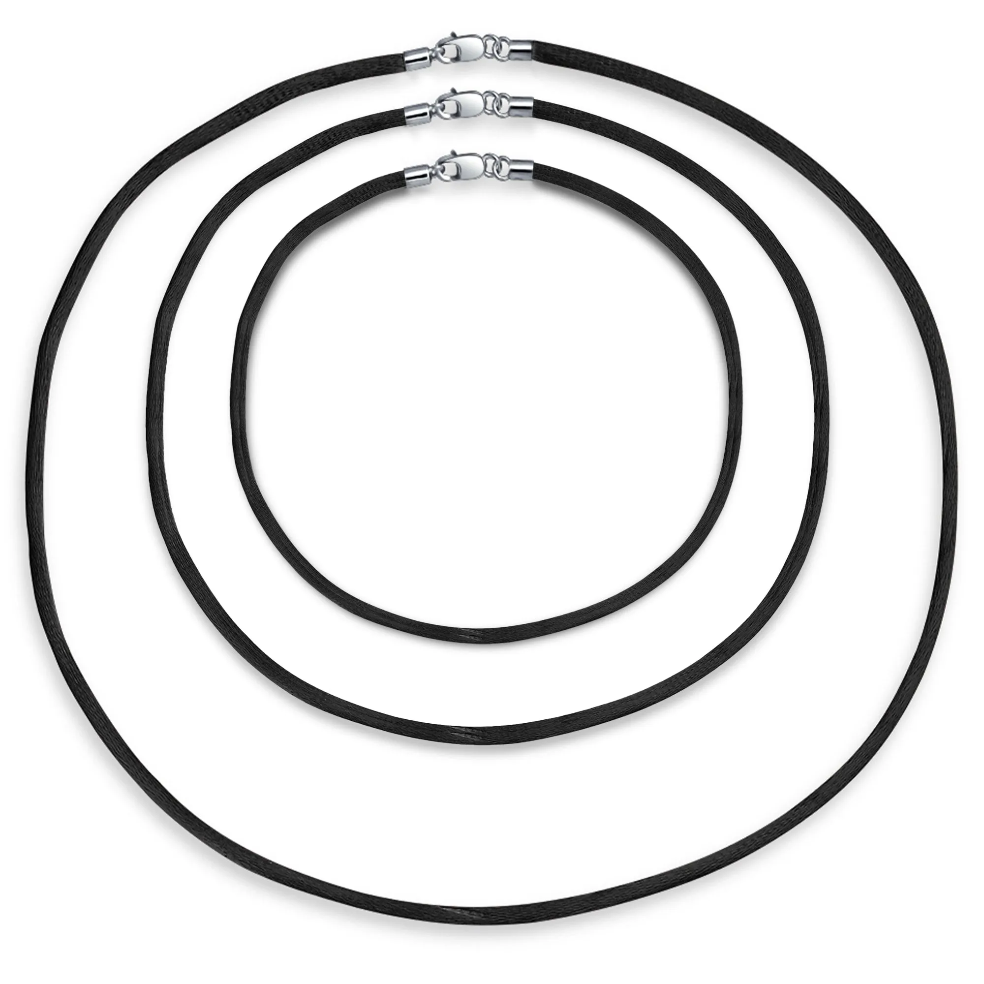 Set of Three Satin Black Silk Cord Necklace for Pendant Layering 14-24 Inch