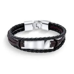 Unisex Black Rope Cord Brown Leather ID Bracelet for Men Silver Tone Stainless Steel