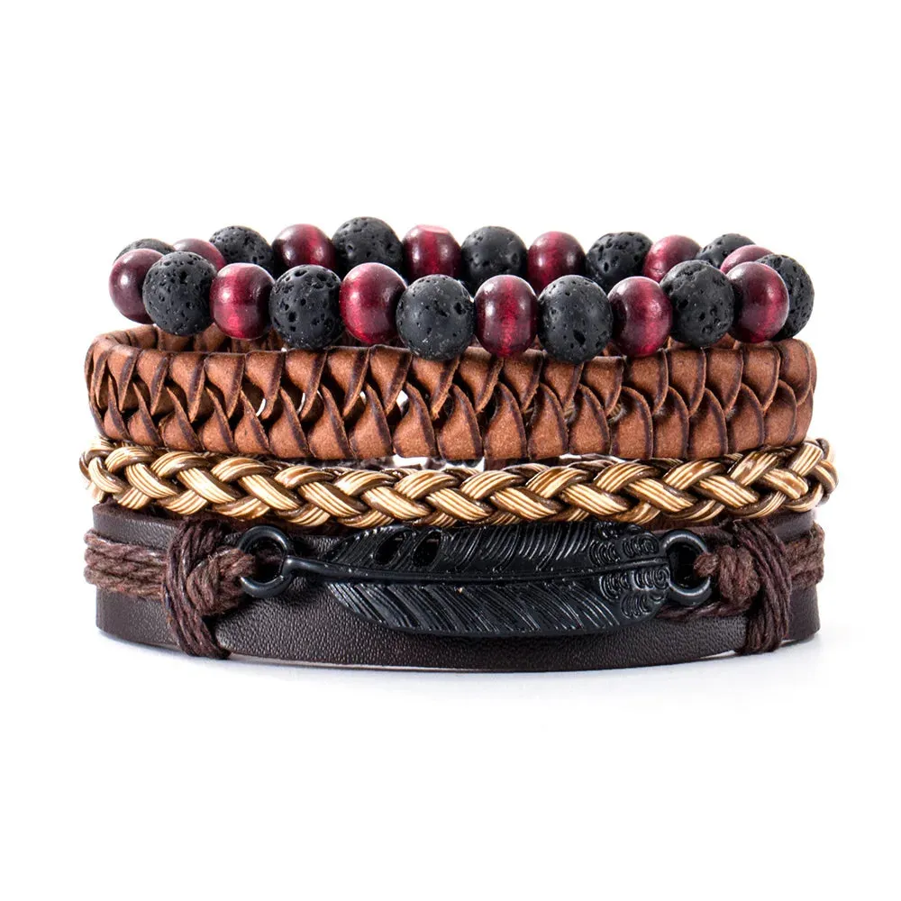 Vintage Leather Braided Wrap Bracelet Set – 4-Piece Boho Style