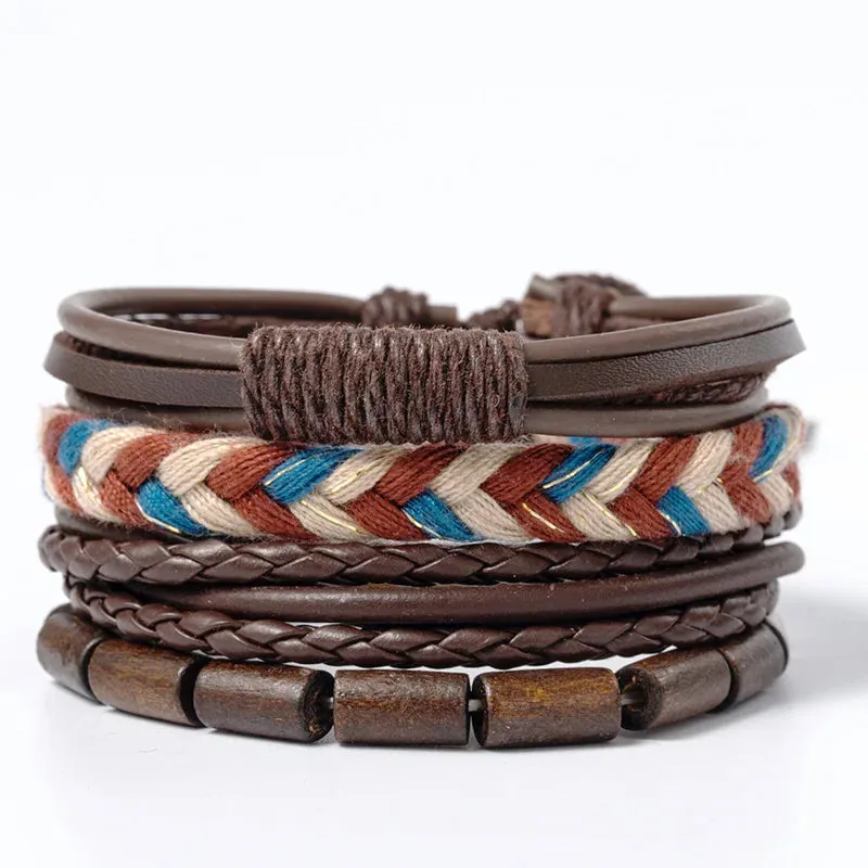 Vintage Leather Braided Wrap Bracelet Set – 4-Piece Boho Style