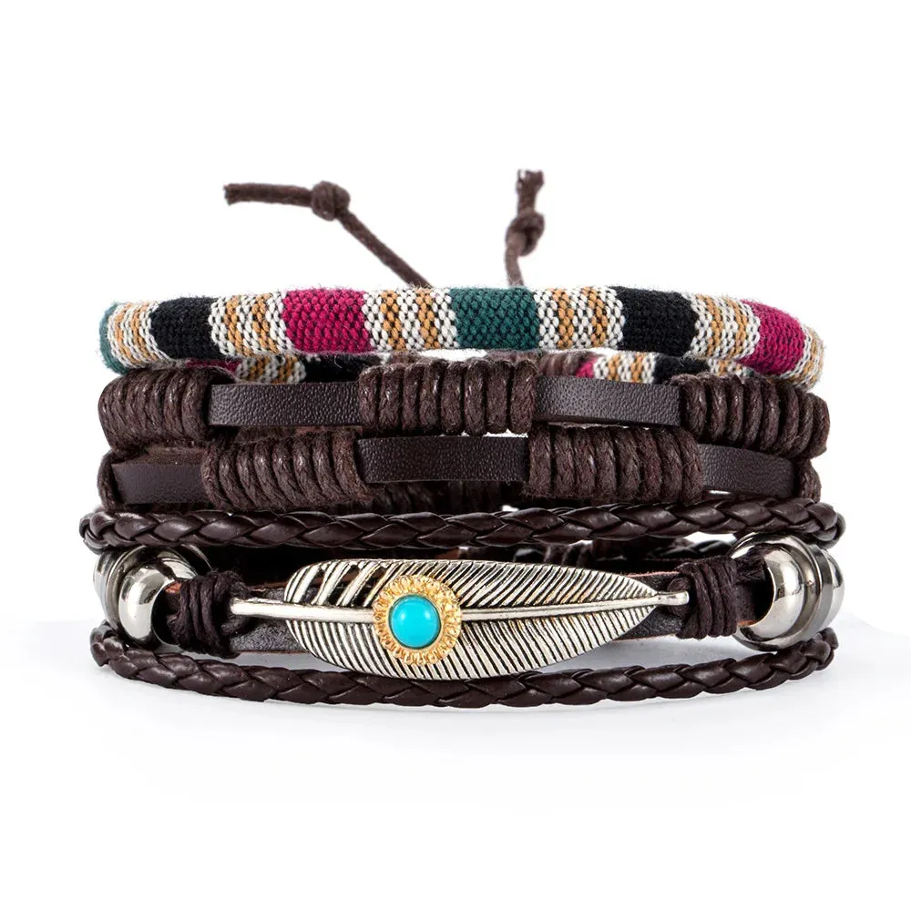 Vintage Leather Braided Wrap Bracelet Set – 4-Piece Boho Style