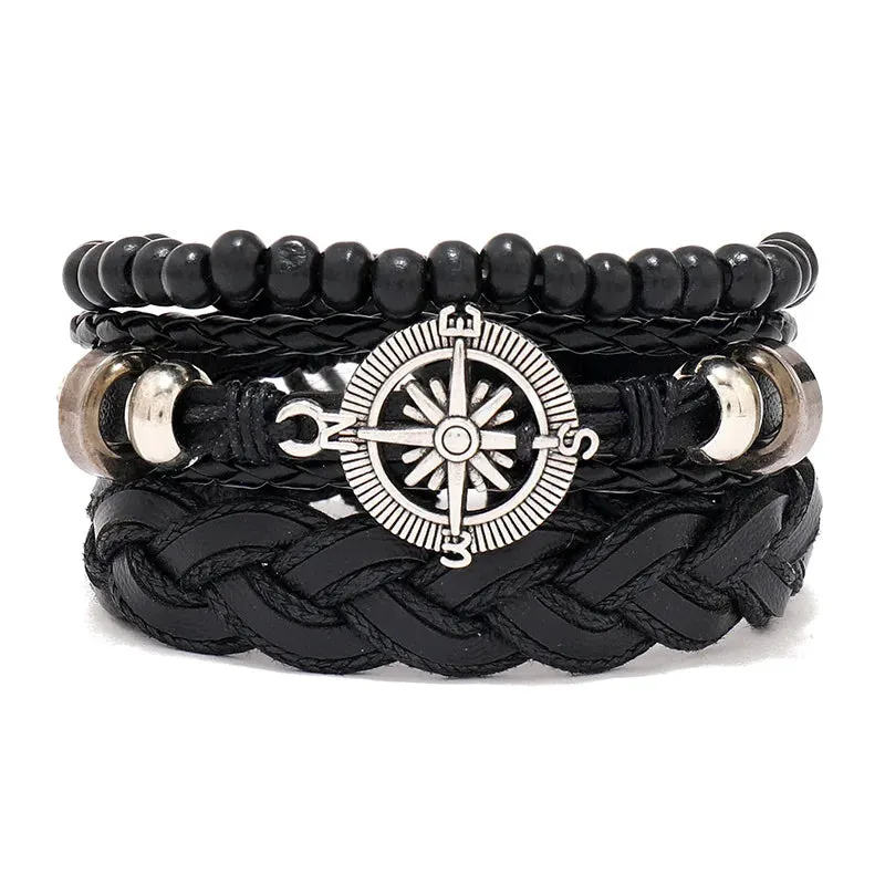 Vintage Leather Braided Wrap Bracelet Set – 4-Piece Boho Style