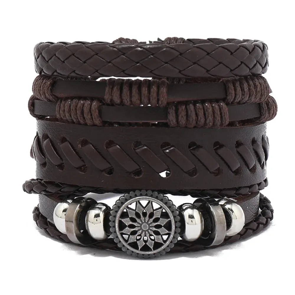 Vintage Leather Braided Wrap Bracelet Set – 4-Piece Boho Style