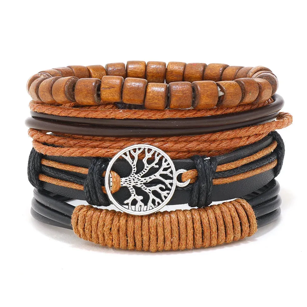 Vintage Leather Braided Wrap Bracelet Set – 4-Piece Boho Style