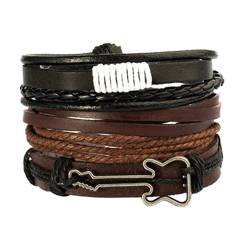 Vintage Leather Braided Wrap Bracelet Set – 4-Piece Boho Style