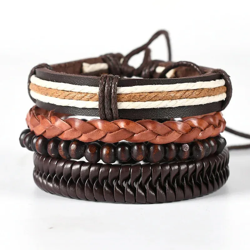 Vintage Leather Braided Wrap Bracelet Set – 4-Piece Boho Style