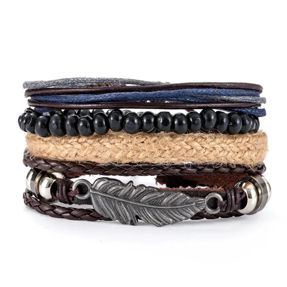 Vintage Leather Braided Wrap Bracelet Set – 4-Piece Boho Style