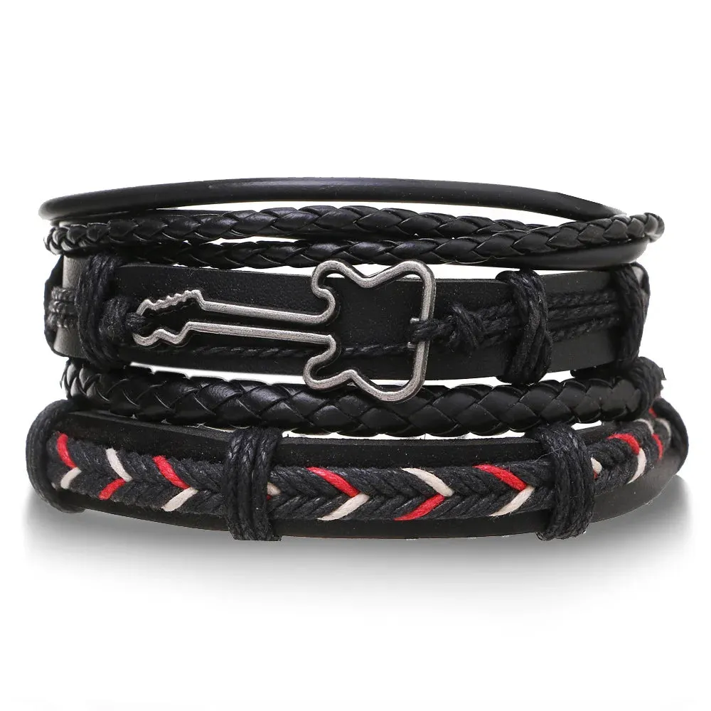 Vintage Leather Braided Wrap Bracelet Set – 4-Piece Boho Style