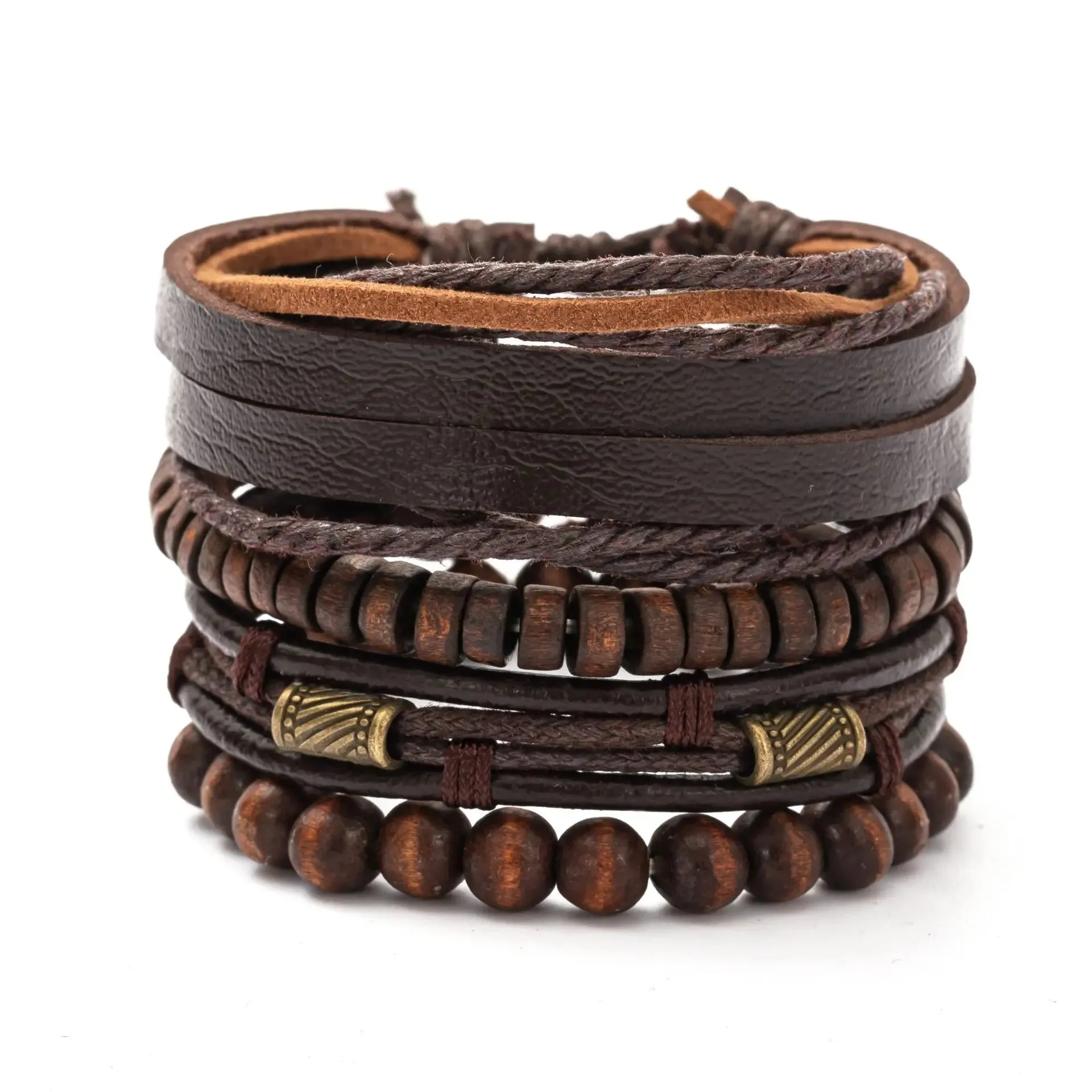 Vintage Leather Braided Wrap Bracelet Set – 4-Piece Boho Style