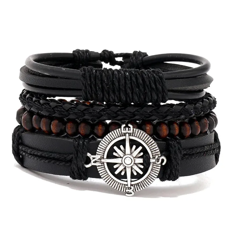 Vintage Leather Braided Wrap Bracelet Set – 4-Piece Boho Style