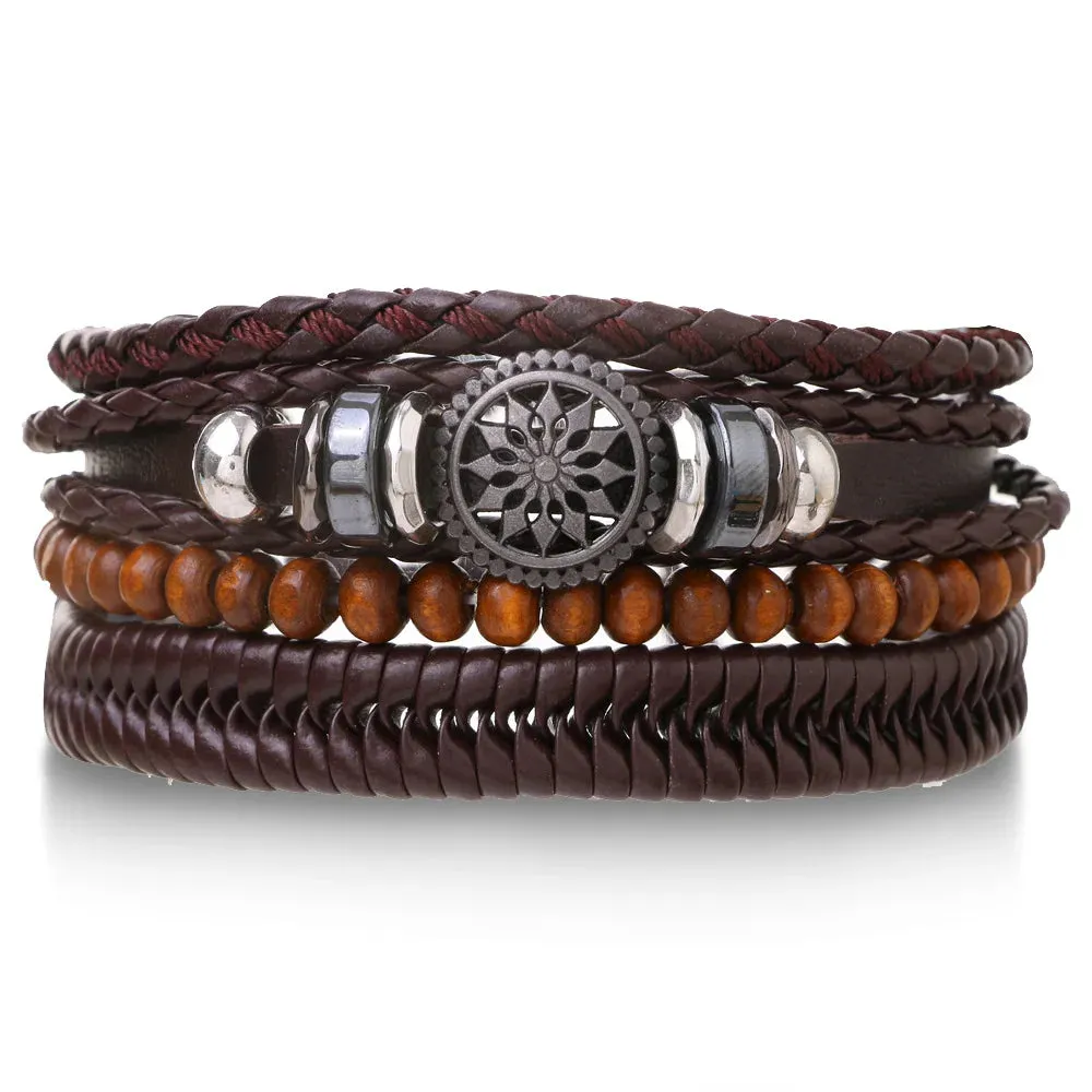 Vintage Leather Braided Wrap Bracelet Set – 4-Piece Boho Style