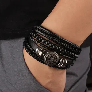 Vintage Leather Braided Wrap Bracelet Set – 4-Piece Boho Style