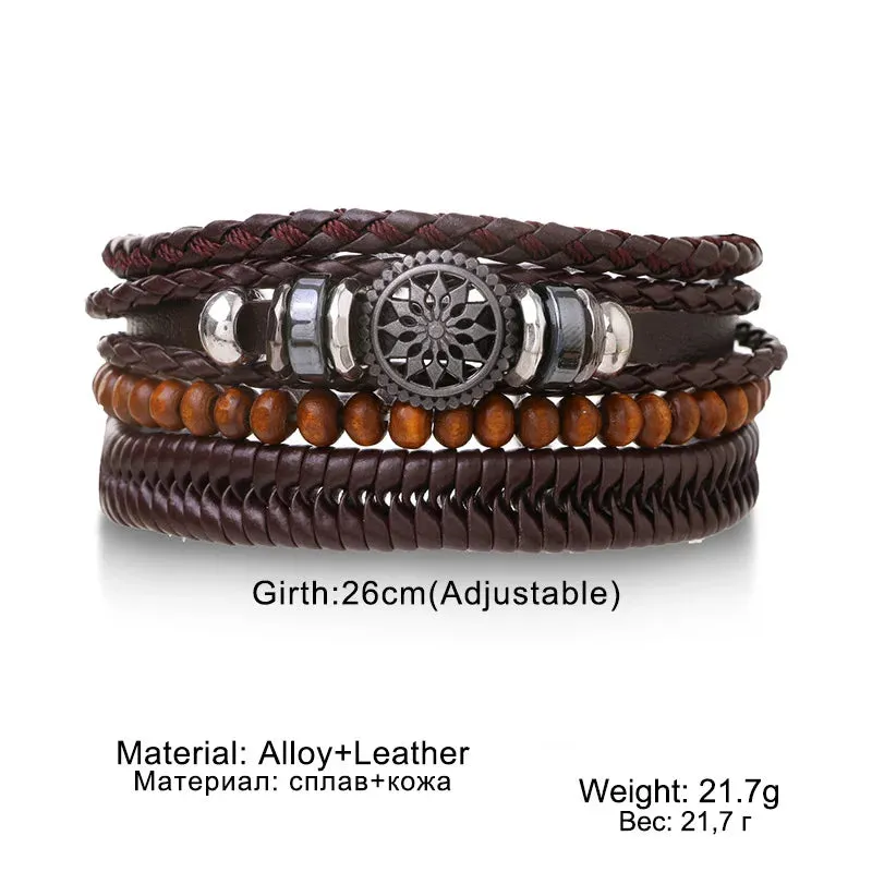 Vintage Leather Braided Wrap Bracelet Set – 4-Piece Boho Style