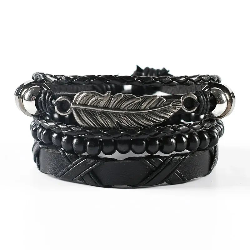 Vintage Leather Braided Wrap Bracelet Set – 4-Piece Boho Style