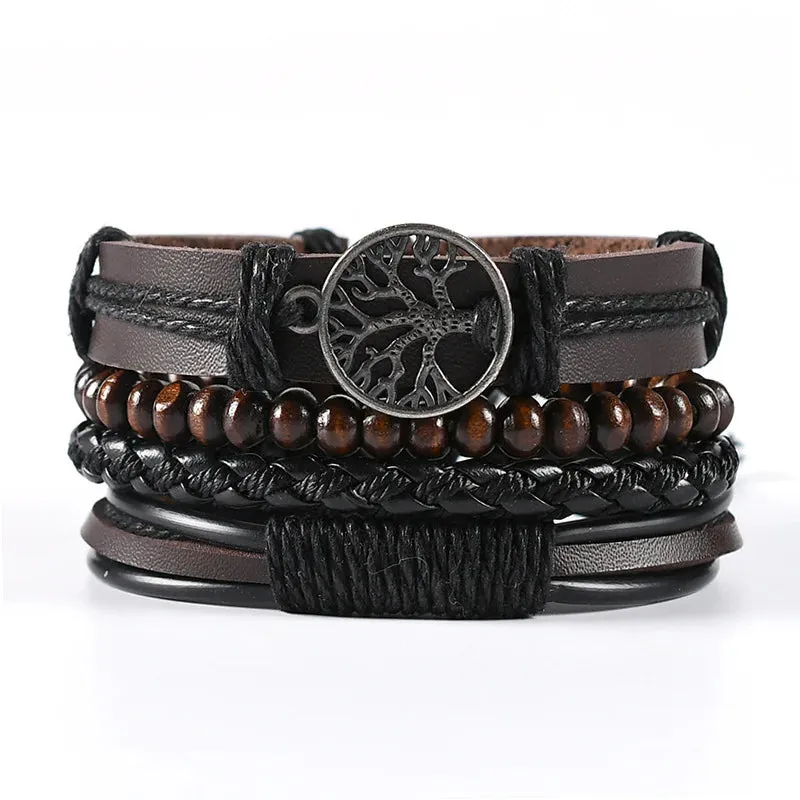 Vintage Leather Braided Wrap Bracelet Set – 4-Piece Boho Style