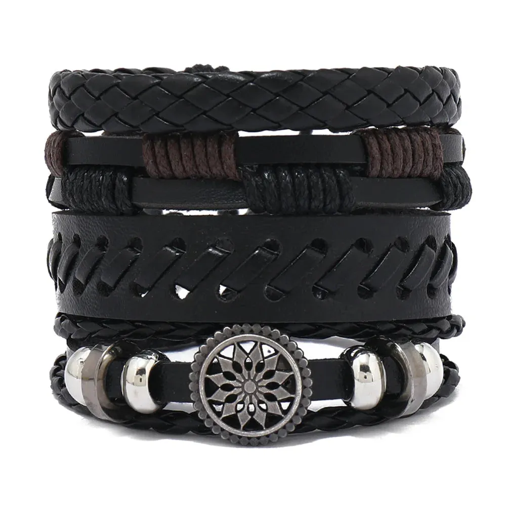 Vintage Leather Braided Wrap Bracelet Set – 4-Piece Boho Style