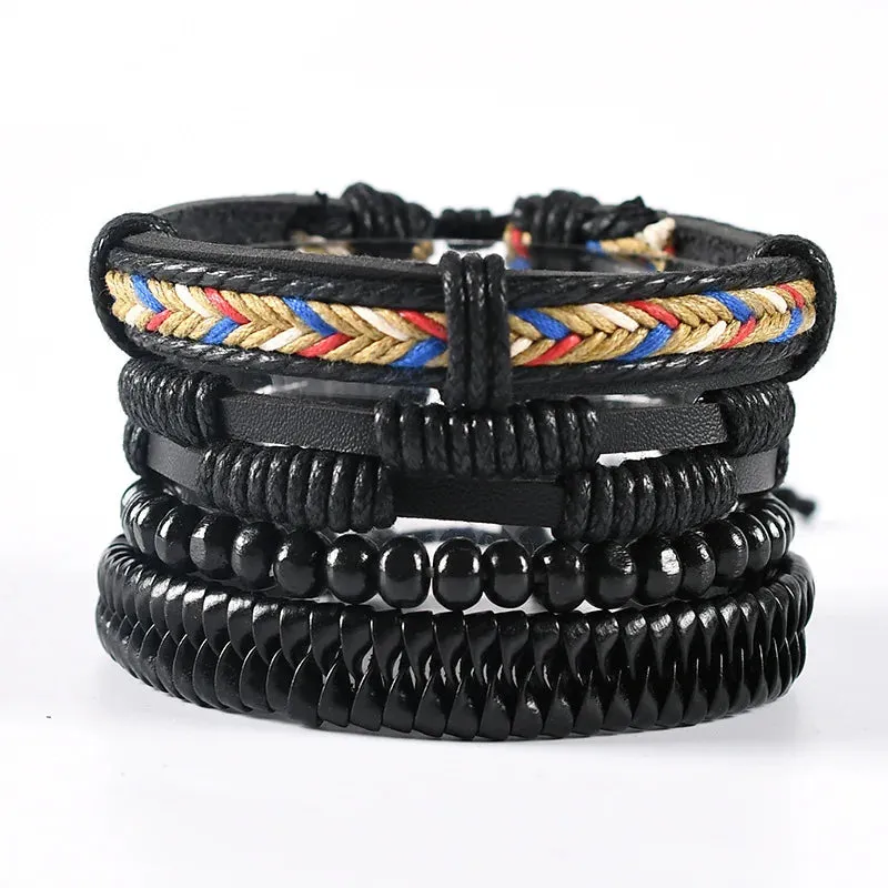 Vintage Leather Braided Wrap Bracelet Set – 4-Piece Boho Style