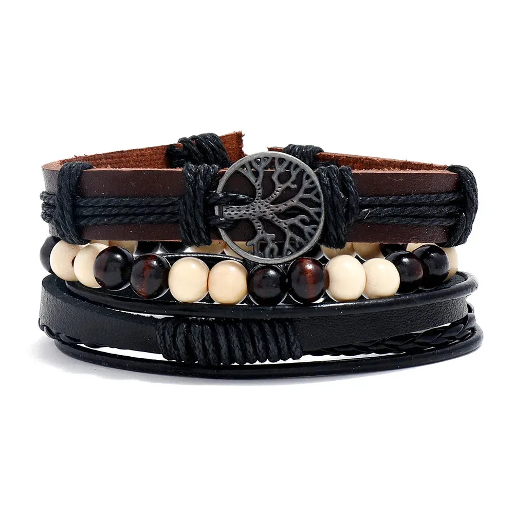 Vintage Leather Braided Wrap Bracelet Set – 4-Piece Boho Style