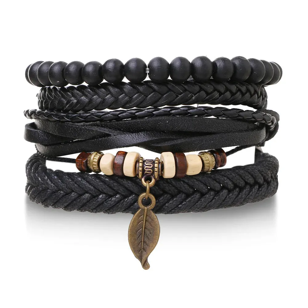 Vintage Leather Braided Wrap Bracelet Set – 4-Piece Boho Style