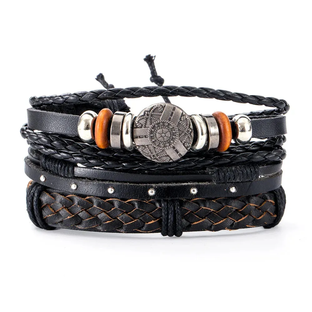 Vintage Leather Braided Wrap Bracelet Set – 4-Piece Boho Style