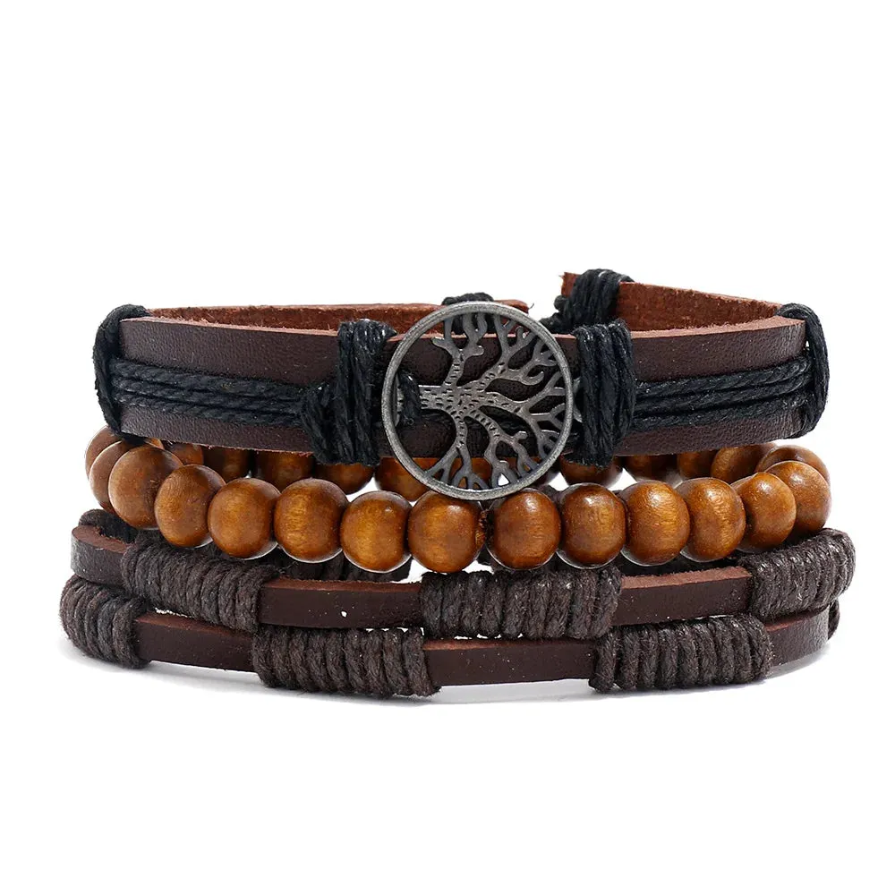 Vintage Leather Braided Wrap Bracelet Set – 4-Piece Boho Style