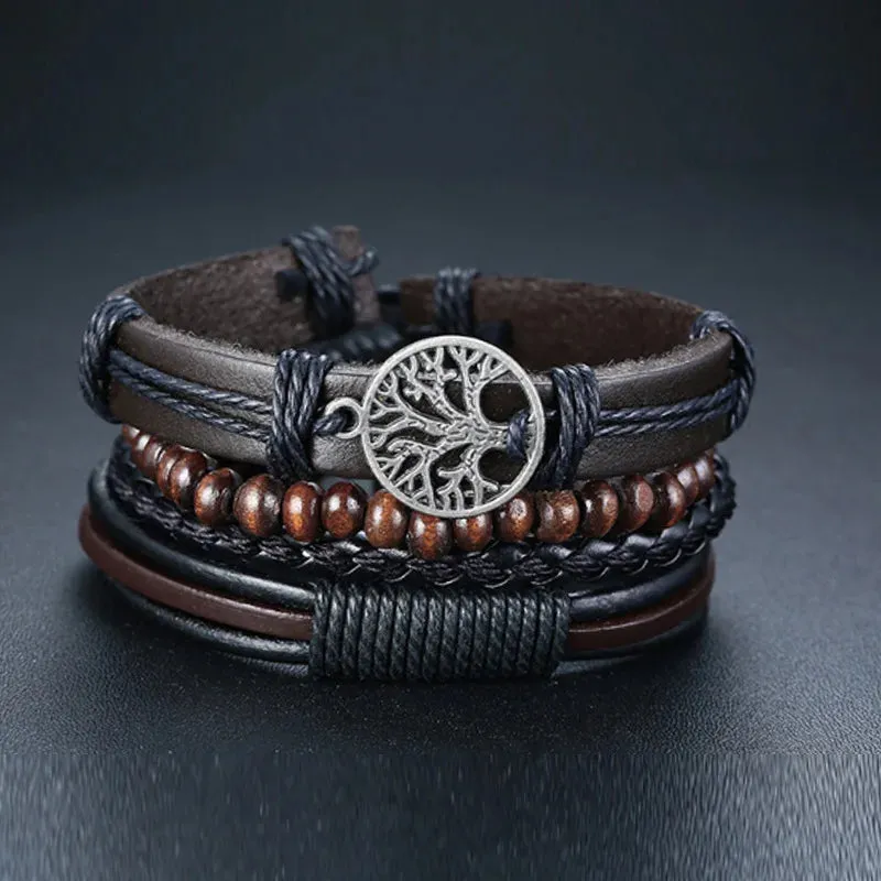 Vintage Leather Braided Wrap Bracelet Set – 4-Piece Boho Style