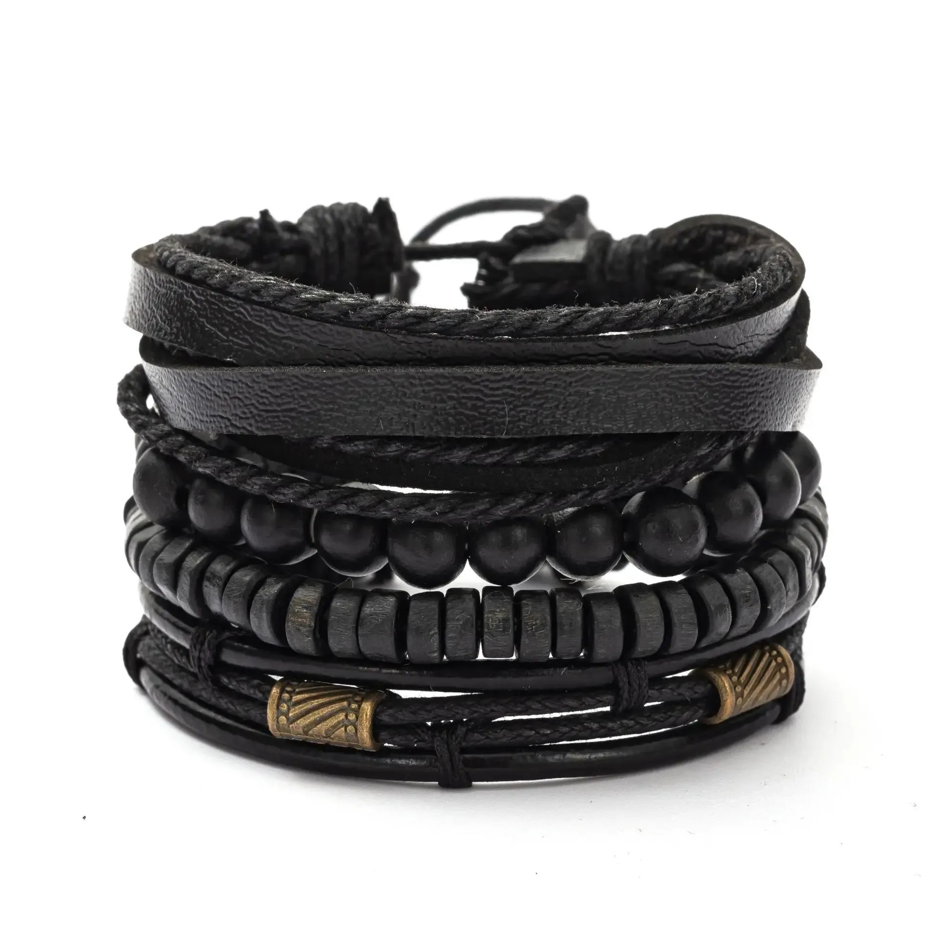 Vintage Leather Braided Wrap Bracelet Set – 4-Piece Boho Style