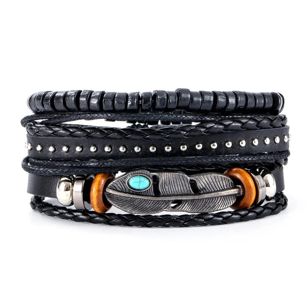 Vintage Leather Braided Wrap Bracelet Set – 4-Piece Boho Style