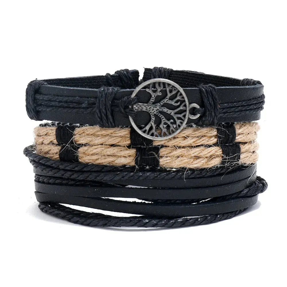 Vintage Leather Braided Wrap Bracelet Set – 4-Piece Boho Style