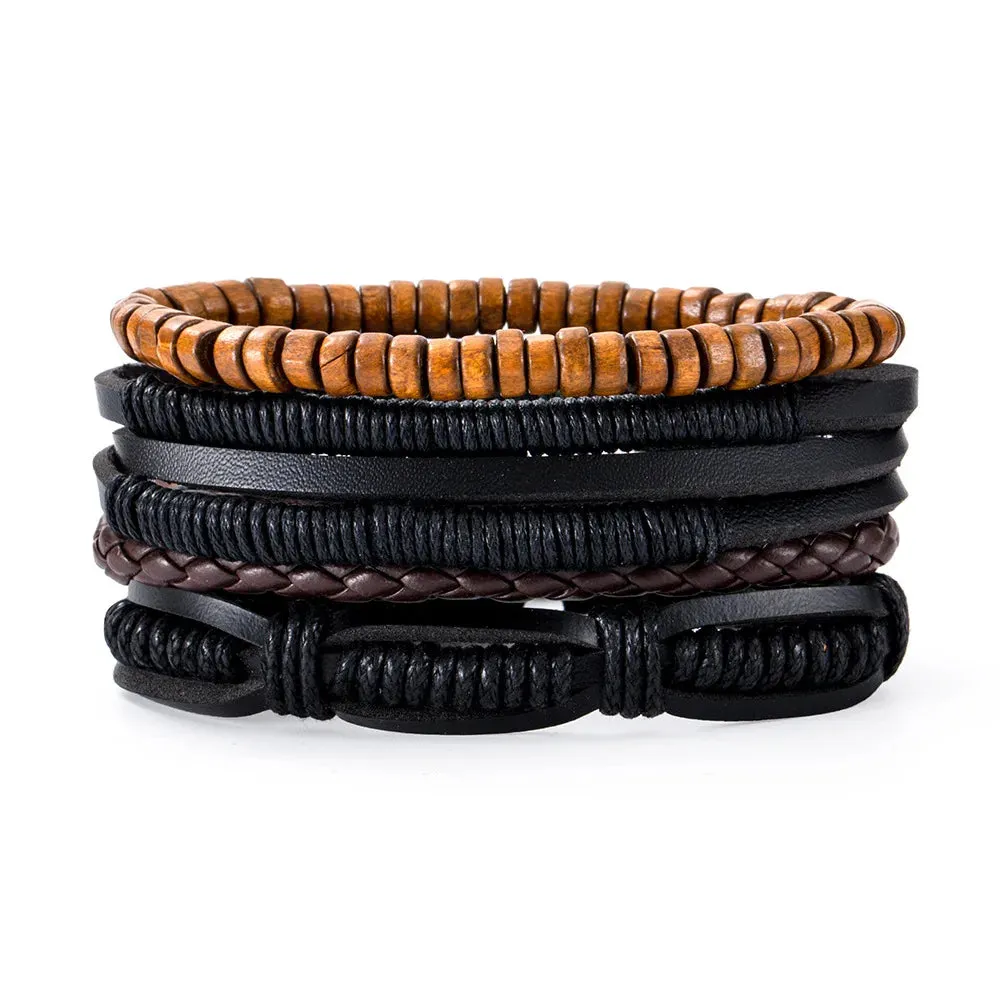 Vintage Leather Braided Wrap Bracelet Set – 4-Piece Boho Style