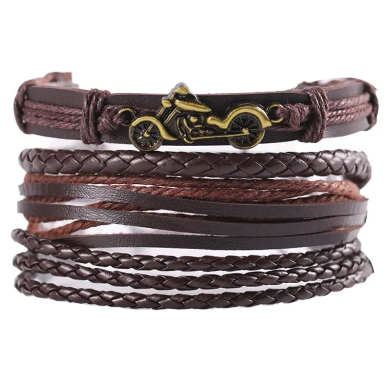 Vintage Leather Braided Wrap Bracelet Set – 4-Piece Boho Style