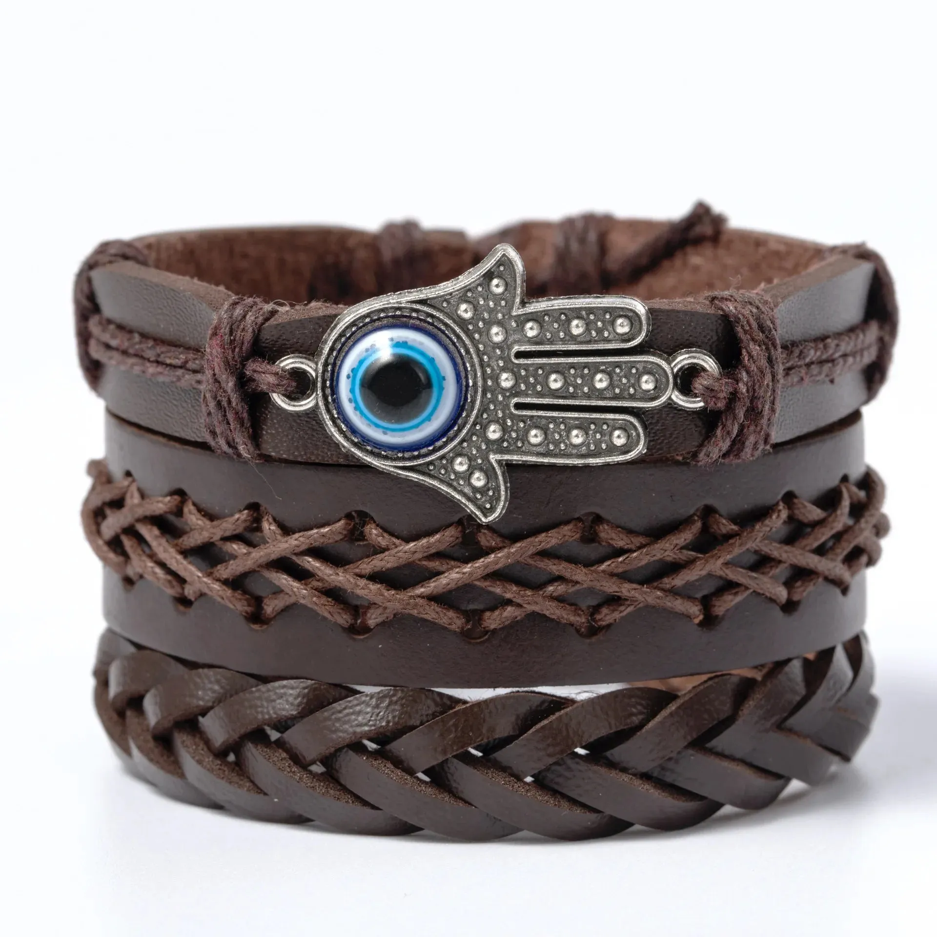 Vintage Leather Braided Wrap Bracelet Set – 4-Piece Boho Style