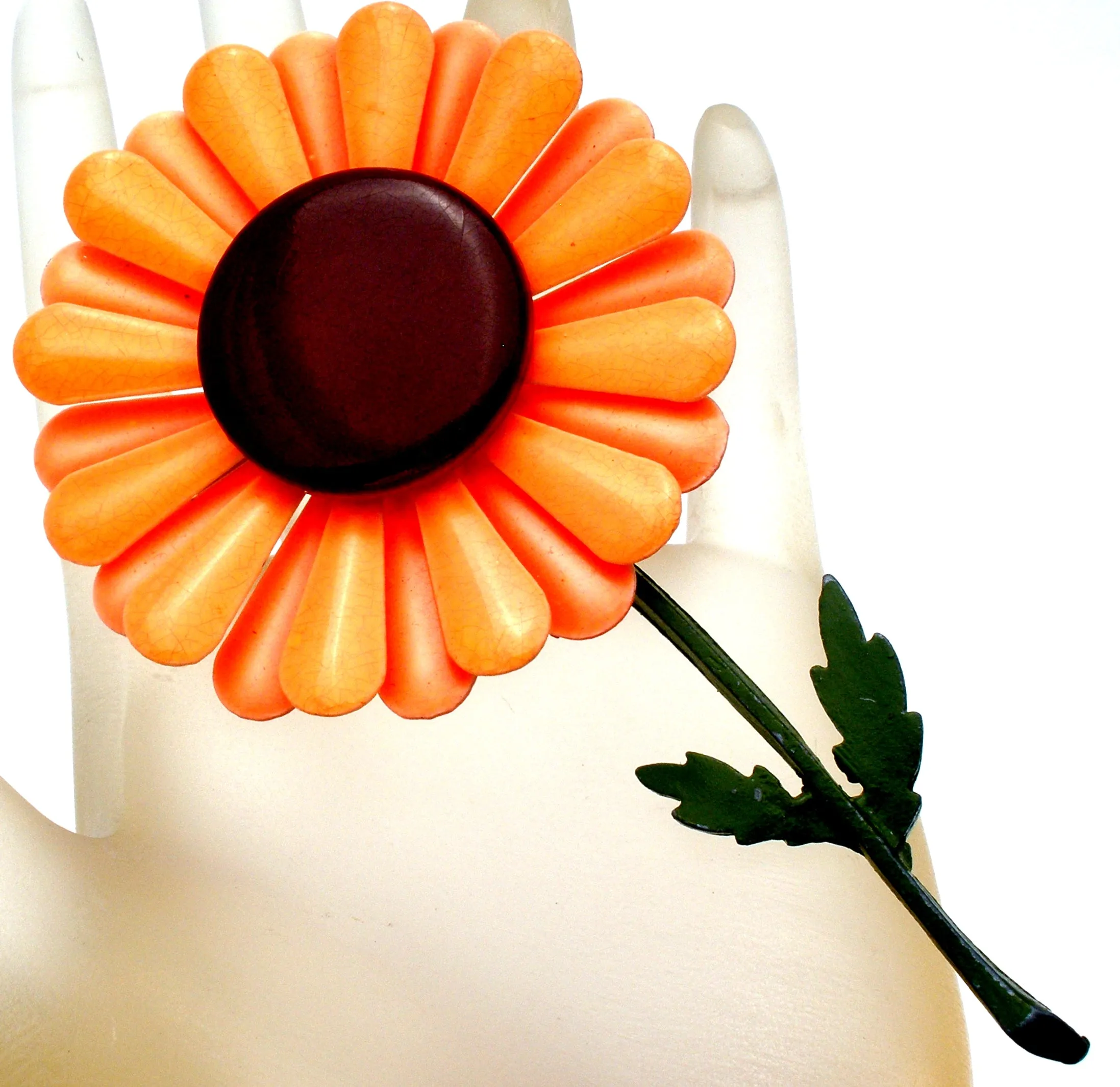 Vintage Orange Enamel Flower Brooch Pin